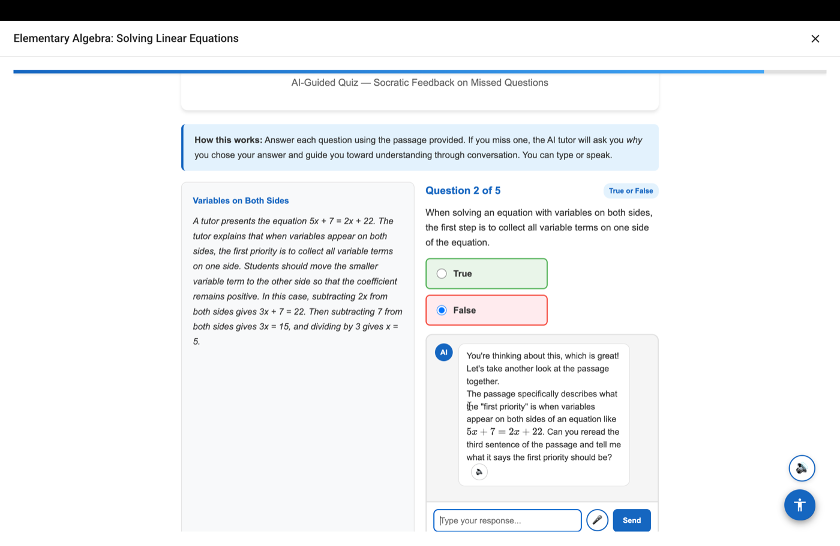 AI-Guided Quiz showing adaptive Socratic feedback on a missed True/False question about solving linear equations with variables on both sides