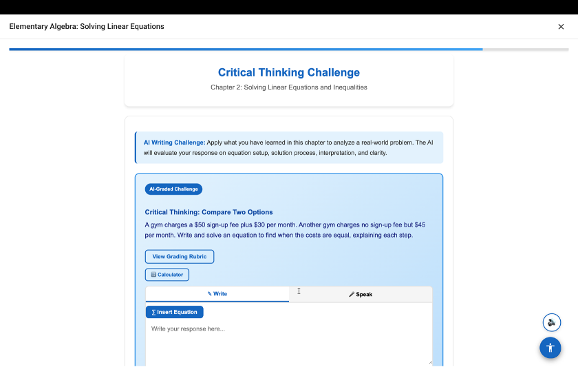 AI-Graded Critical Thinking Challenge asking students to compare two gym membership pricing options using linear equations, with Write and Speak input modes