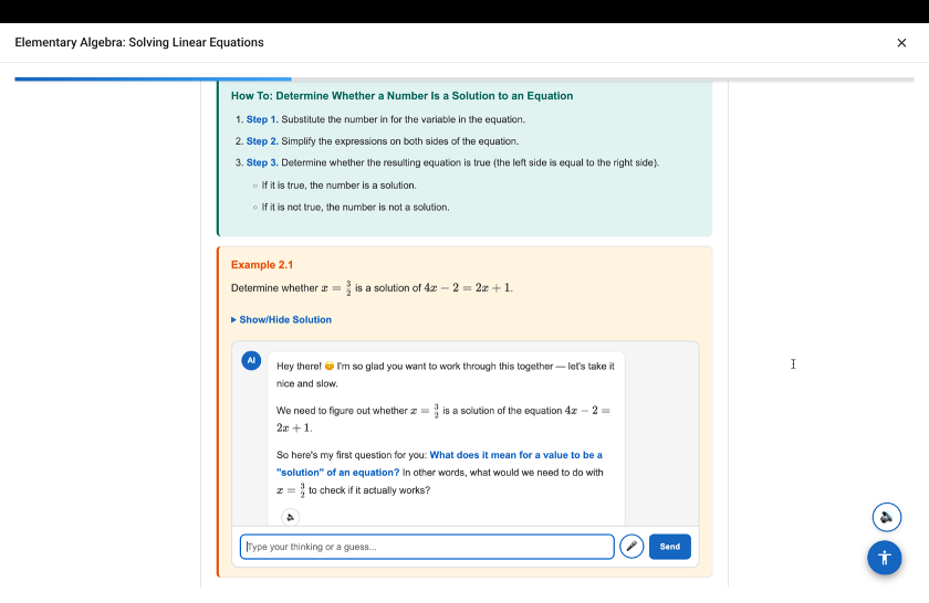 Socrat AI asking a student what it means for a value to be a solution of an equation, guiding them to verify x equals three-halves
