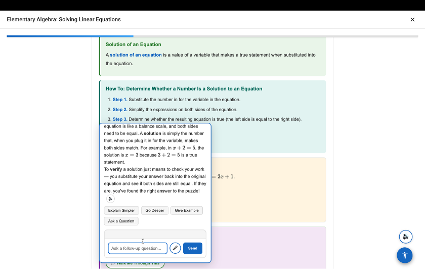 Socrat AI tutor explaining how to verify a solution to an equation using Socratic questioning, with options to Explain Simpler, Go Deeper, and Give Example