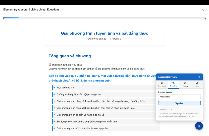 Elementary Algebra course fully translated into Vietnamese using the built-in Accessibility Tools translation feature, showing chapter overview and learning objectives